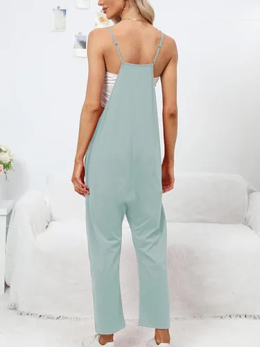 Vista 4 de DEEP SELF Overol suelto casual con cuello en V para mujer, sin mangas, tirantes delgados ajustables, pantalones largos harén, overoles con bolsillos