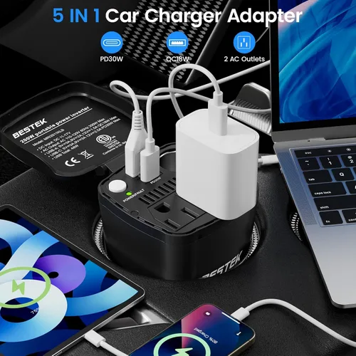 Vista 9 de BESTEK Inversor de corriente de 200 W, adaptador de toma de corriente de enchufe de coche de 12 V CC a 110 V CA con [USB-C de 30 W]/cargador rápido