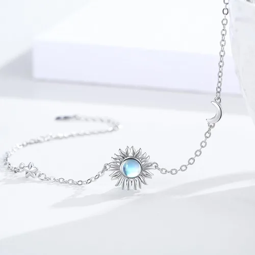 Vista 2 de CUOKA MIRACLE Pulseras de sol de piedra lunar, pulsera de plata de ley 925 de 7 pulgadas + 2 pulgadas, pulsera de cadena de eslabones ajustables