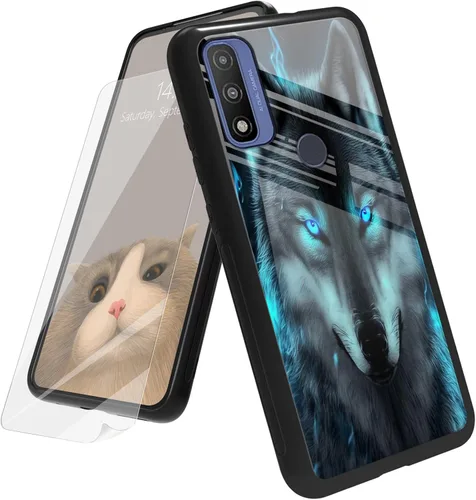 Vista 120 de Funda para Motorola Moto G Play 4G 2024 con protector de pantalla, parte trasera de vidrio templado + funda de silicona suave TPU absorción