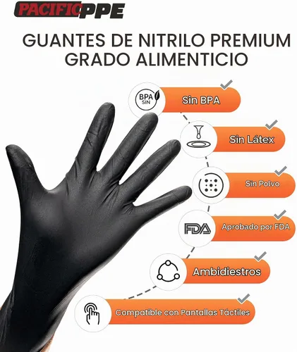 Vista 2 de PACIFIC PPE Guantes desechables de nitrilo negro resistentes de 6 mil, resistentes a productos químicos, seguros para alimentos, sin látex