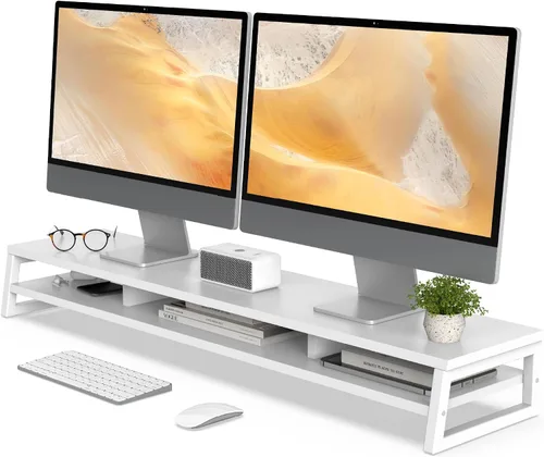 Vista 12 de Fenge Soporte de monitor doble para escritorio, elevador de monitor grande de 42.5 pulgadas para 2 monitores, estante superior de escritorio