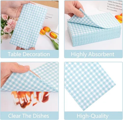 Vista 7 de WDF Paquete de 150 servilletas de papel azul bebé, 3 capas, desechables, color azul y blanco, servilletas de cena de invitados de papel para baño