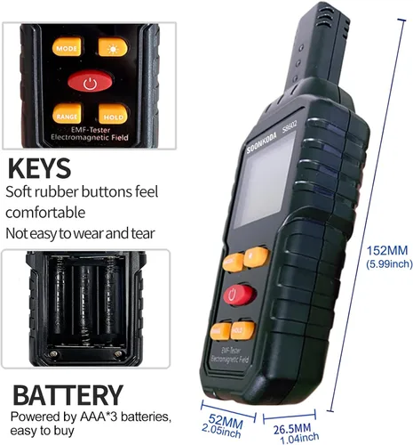 Vista 6 de Medidor EMF 3 en 1, Lector EMF, Detector de Radiación de Campo Electromagnético, Probador EMF para el Hogar, Detector EMF con Alarma de Luz