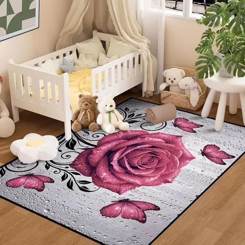 Vista 5 de Alfombras 3D de 3 x 5 pies, color rosa 3D, para dormitorio, lavandería, sala de estudio, alfombra realista de gotas de agua gris plateado 3d rosa 09