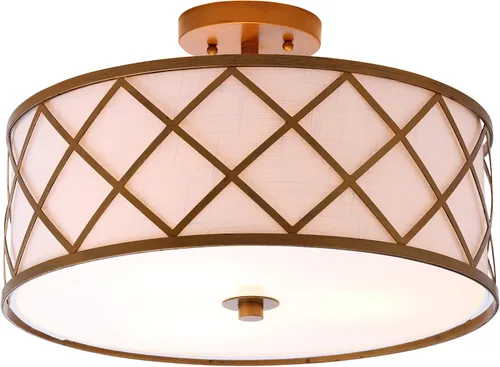 Vista 8 de JONATHAN Y Lámpara de techo LED de metal dorado de 13.25 pulgadas, lámpara de tambor de celosía moderna con pantalla de lino blanco, 2 luces