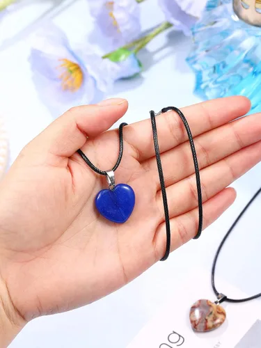 Vista 5 de Hicarer Colgantes de piedra en forma de corazón, collares de piedra con cordón de cuero sintético para suministros de fabricación de joyas