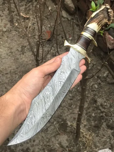 Vista 8 de Delta: hecho a mano de acero de Damasco Bowie cuchillo mango hueso de camello Artesanía artesanal, funda de cuero, pieza de exhibición decorativa