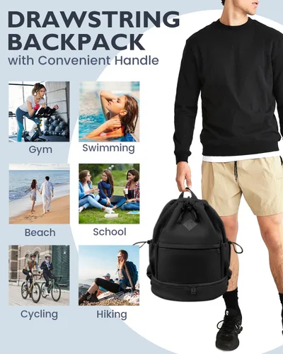 Vista 7 de Mochila deportiva con cordón, bolsa de gimnasio con compartimento para zapatos y bolsillo húmedo, bolsa de natación para mujeres y hombres, mochila