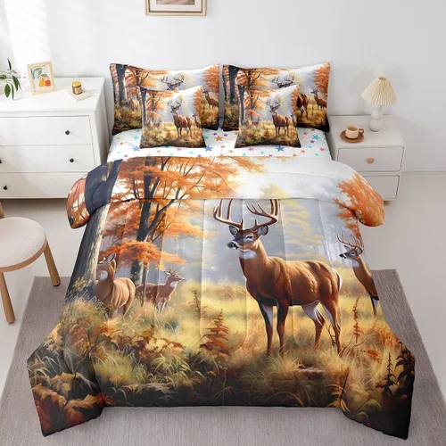 Vista 83 de Feelyou Juego de edredón de ciervo con sábanas – Tamaño Queen 7 piezas Juego de ropa de cama infantil de caza rústica – Cama de ciervo de cabaña