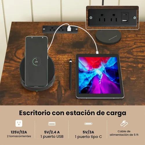 Vista 6 de Tangkula Escritorio para computadora con cajones y estación de carga, escritorio de madera para oficina en casa, escritorio para computadora Marrón
