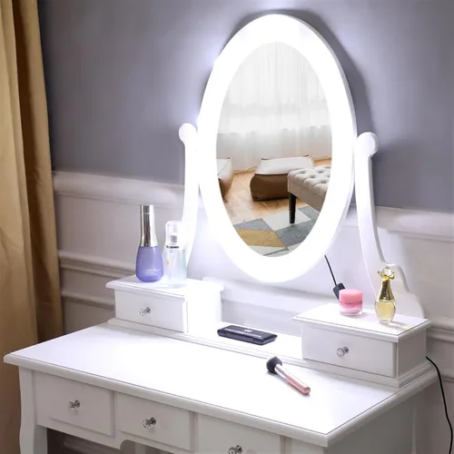 Vista 4 de okcomuy Mesa de tocador de maquillaje con espejo iluminado, tocador compacto con 5 cajones grandes para mujeres y niñas (blanco)