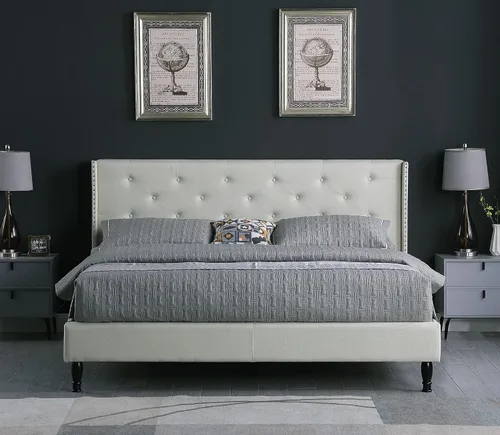 Vista 12 de Base de cama de plataforma tapizada Queen con cabecera de 45 pulgadas y base ajustable, cama de lino con botones copetudos, soporte de listones