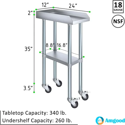 Vista 3 de AmGood Mesa de trabajo comercial con protector contra salpicaduras y salpicaduras laterales con ruedas NSF