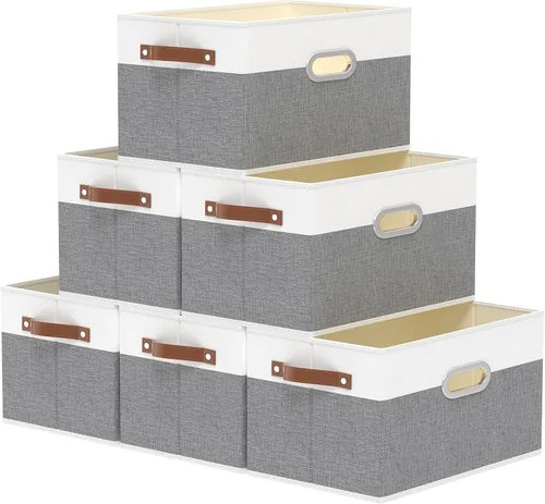 Vista 16 de Yawinhe Cestas de almacenamiento de tela, organizador plegable de armario para estantes, cajas grandes con 3 asas, contenedores de lona para ropa