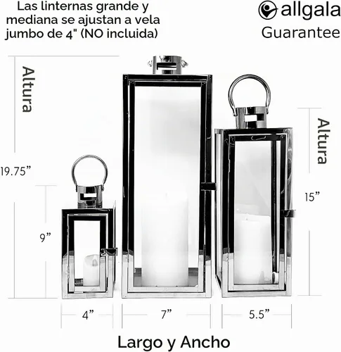 Vista 2 de Allgala Juego de 3 faroles gigantes de lujo de 23 pulgadas para interiores y exteriores, marco de acero inoxidable, vidrio templado, rectangular