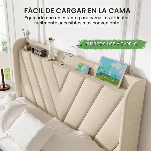 Vista 3 de koorlian Marco de cama tamaño matrimonial, Marco de cama tamaño matrimonial con cabecero, Marco de cama tapizado ajustable con puerto tipo C y USB