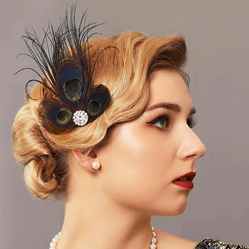 Vista 5 de GORTIN Diadema Art Deco con clip de plumas negras de los años 20 con diamantes de imitación de pavo real para mujeres, niñas, fiestas, bailes
