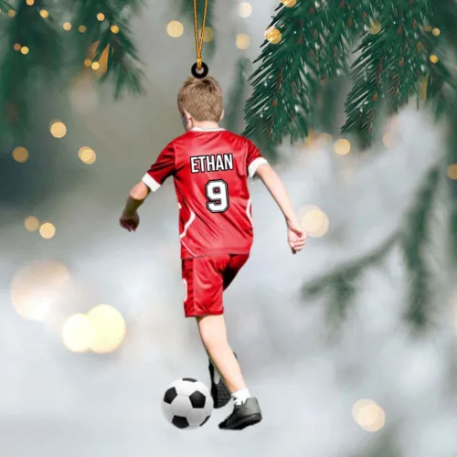Vista 24 de Adorno de fútbol personalizado, adorno de Navidad de jugador de fútbol personalizado con nombre y número, regalo deportivo único para hombres