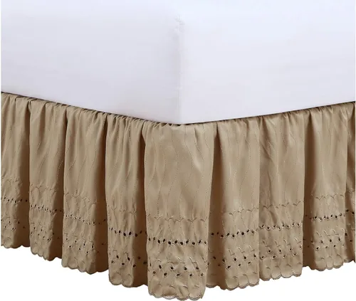 Vista 8 de Fresh Ideas Falda de cama con ojales, diseño con volantes, caída de 14 pulgadas, borde festoneado bordado, individual, marfil