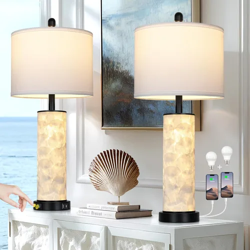 Vista 10 de Lámparas de mesa costeras de 28 pulgadas para sala de estar, lámparas de noche con luz nocturna, puertos USB A+C, moderna concha de mar