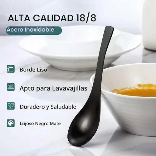 Vista 3 de HIWARE Cucharas de sopa gruesas de color negro mate, cucharas de sopa de acero inoxidable, cucharas de mesa, juego de 6