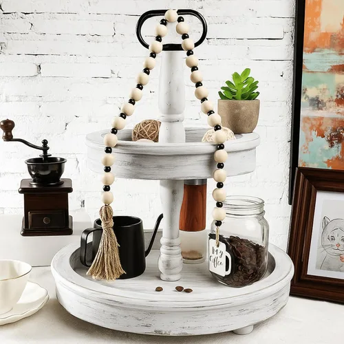 Vista 3 de Jetec Guirnalda de cuentas de madera para decoración de cafetería, con borlas, accesorios de decoración, mesa, estante, casa de campo rústica