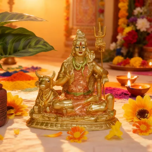 Vista 3 de Estatua de vaca hindú Dios Señor Shiva y Nandi - Escultura de ídolo de resina India Murti Shiva con Tridente Indio Casa Oficina Mandir Diwali Pooja