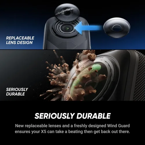Vista 4 de Insta360 X5 - Cámara de acción impermeable 360 con sensores de 1/1.28", video HDR 360 de 8K, foto de 72 MP, lente única 4K a 60 fps, rendimiento