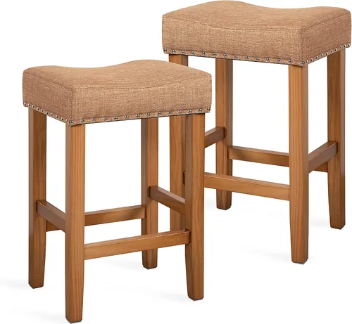 Vista 3 de Juego de 2 taburetes de bar de madera maciza con tela de cojín suave, altura de mostrador, taburetes de bar para interiores, 2 unidades (caramelo)