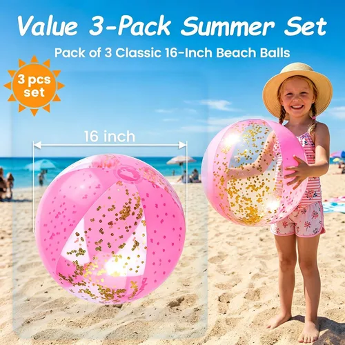 Vista 6 de POPLAY - Pelota de playa con purpurina de 16 pulgadas, 3 piezas, rosa