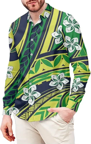 Vista 20 de Camisas polinesias para hombre con patrones de hojas tropicales polinesias, camisa hawaiana de manga larga para hombre, ropa de vacaciones de otoño