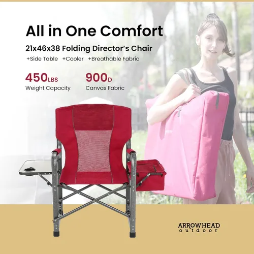 Vista 4 de ARROWHEAD OUTDOOR Silla de director plegable con mesa auxiliar y enfriador integrado, soporte para tazas, bolsa de almacenamiento, soporta hasta 450