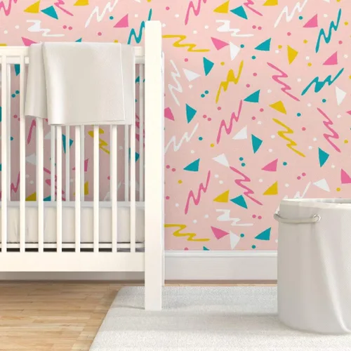Vista 6 de Papel tapiz para despegar y pegar, diseño retro de los años 80, diseño abstracto de los años 1980, confeti de surf rosa para niños, papel tapiz