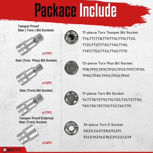 Vista 3 de WETT Master Torx Bit Socket y Juego de Enchufe Torx Externo, Juego de 60 Piezas de 1/4", 3/8", 1/2" de Unidades de Enchufes de Broca E-Torx