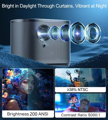 Vista 2 de Miroir Mini proyector, proyector HD para el hogar con altavoz incorporado, enfoque automático, corrección trapezoidal, portátil para películas al