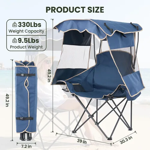 Vista 2 de DoCred Silla de playa con toldo plegable, portátil y plegable, con bolsa enfriadora y soporte para tazas, tumbonas de playa reclinables