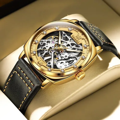 Vista 2 de OUPINKE Relojes automáticos de esqueleto para hombre, mecánica, cuerda automática, correa de cuero elegante, estilo steampunk, luminoso
