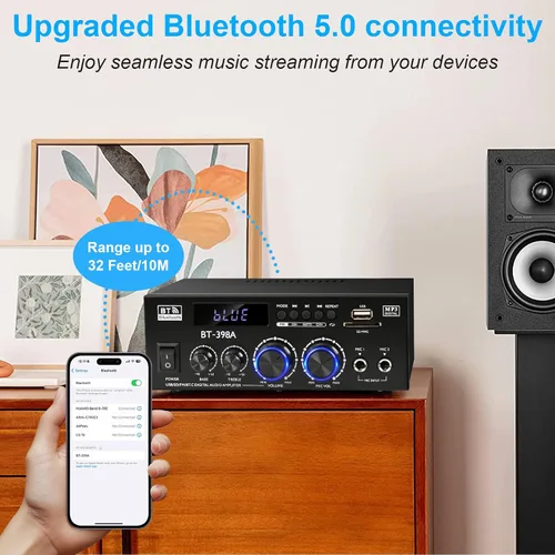 Vista 9 de Romica Amplificador de audio estéreo, 2 canales 450W+450W Bluetooth 5.0 amplificador de potencia de cine en casa con radio FM, USB, SD, entradas