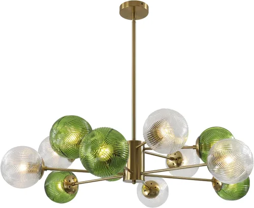 Vista 11 de KCO Lámpara colgante de techo de cristal verde de 6 luces con forma de globo moderno semiempotrado, lámpara de techo vintage de latón dorado Sputnik