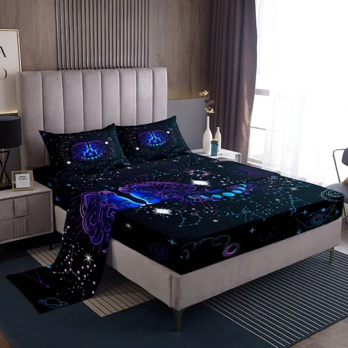 Vista 23 de Erosebridal Aries - Juego de sábanas tamaño individual de nebulosa hippie y astrología del zodiaco psicodélico, juego de sábanas psicodélico