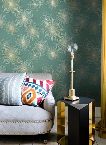 Vista 2 de NextWall Star Burst Geo - Papel tapiz autoadhesivo de mediados de siglo (verde azulado y dorado metálico)