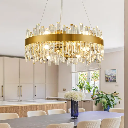 Vista 23 de Siljoy - Candelabro de cristal moderno, 12 luces, lujoso, redondo, de 2 niveles, con cristal K9 en forma de gota de lluvia, lámpara colgante de Oro