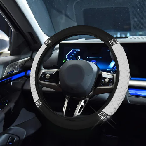 Vista 27 de Funda de Volante de Cuero Suave con Brillos, 15 Pulgadas, con Diamantes de Imitación Coloridos, Protector de Volante Elástico Automático