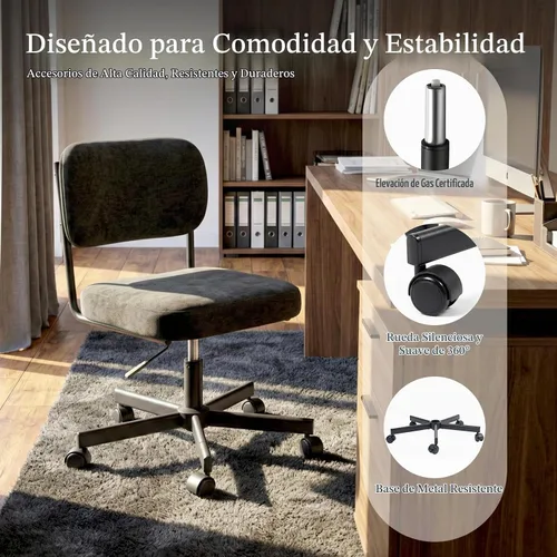 Vista 6 de Silla de tocador con ruedas, bonita silla de escritorio sin brazos con respaldo, silla de oficina pequeña giratoria de altura ajustable, cómoda