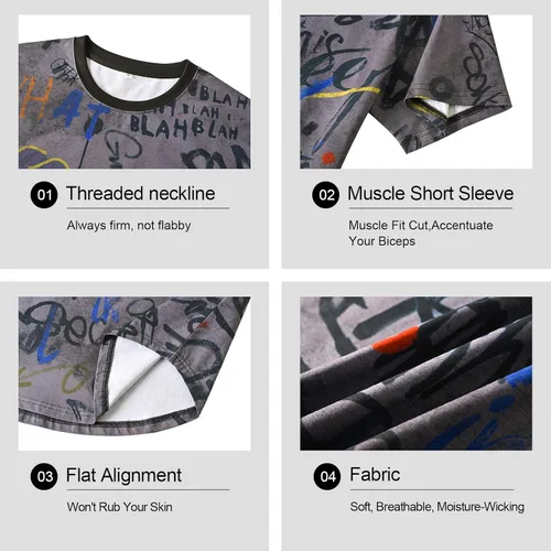 Vista 6 de DEOLAX Camiseta de moda con cuello redondo para hombre, camiseta casual de ajuste seco, camiseta de manga corta, para entrenamiento, hip hop