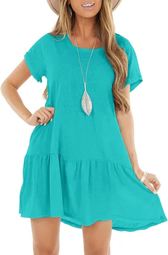 Vista 2 de Vestido de manga corta para mujer, casual, liso, flexible, flojo con volantes
