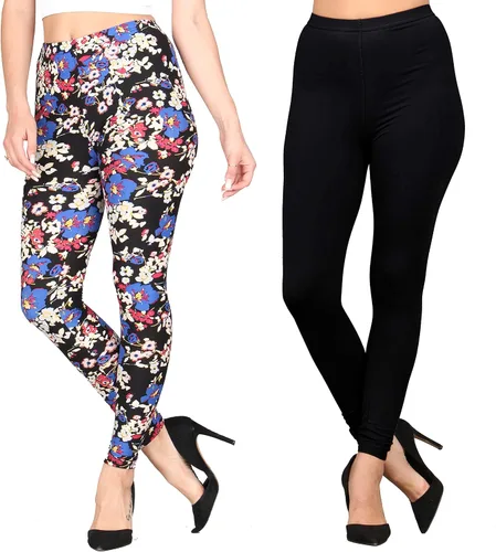 Vista 28 de Lildy - Leggings súper suaves lisas e impresas para mujer, elásticas sin transparencias Rayas negras y rojas/paquete de dos negras