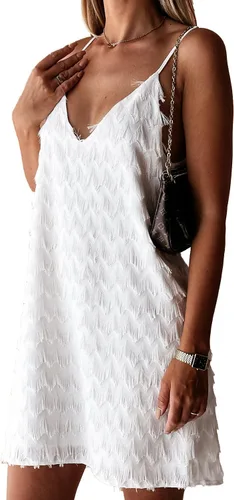 Vista 4 de Rooscier Minivestido de cóctel sin mangas con borlas y flecos para mujer, cuello en V