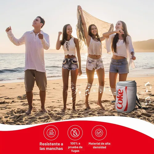 Vista 6 de Bolsa enfriadora con forma de lata de Coca Cola con altavoz Bluetooth, tiempo de reproducción de 5 horas, correas ajustables, cremalleras, tela